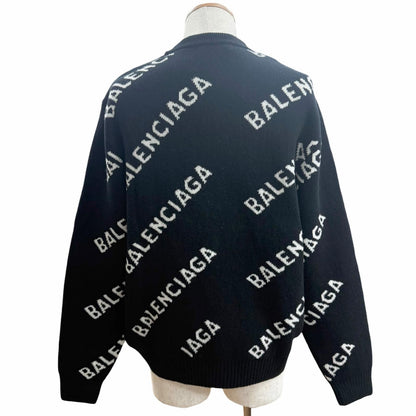 Balenciaga Wool Logo All Over Pattern Crew Neck Overall Knit Sweater Black White — view 4