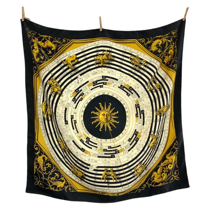 Hermes Dies ET Hore Carre 90 Black Multicolor Silk Scarf