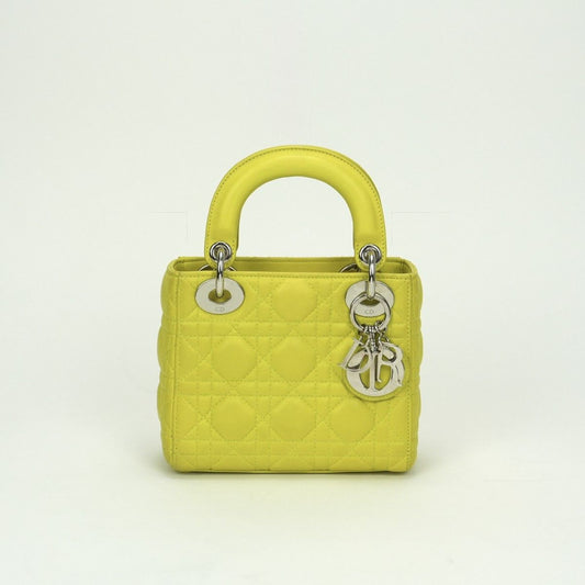 Dior Lady Small Cannage Mini Bag Tote Lambskin Yellow Silver