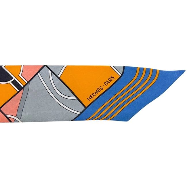 Hermes Ribbon Scarf Twilly Pink Blue Cleaned — view 7