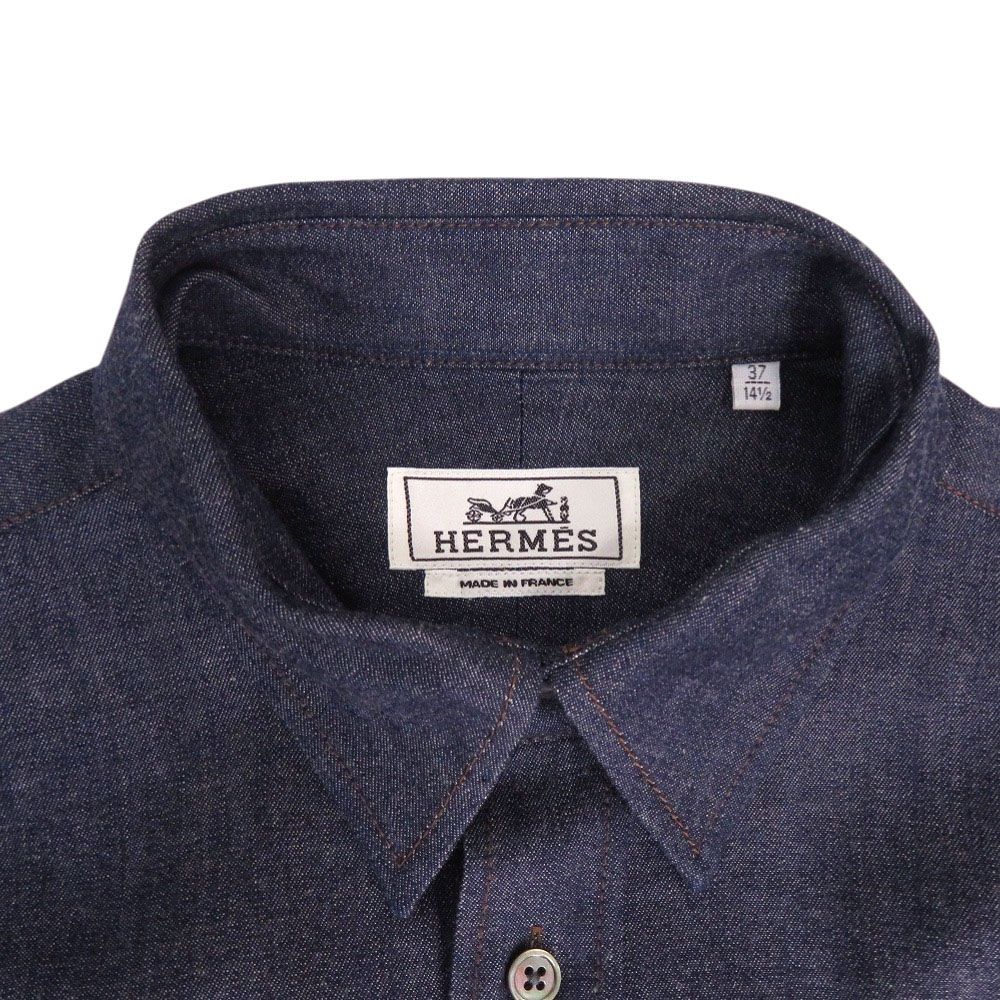 Hermes Indigo Denim Shirt 37 Gunmetal Cotton Navy Long Sleeve — view 4