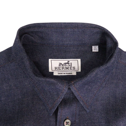Hermes Indigo Denim Shirt 37 Gunmetal Cotton Navy Long Sleeve — view 4