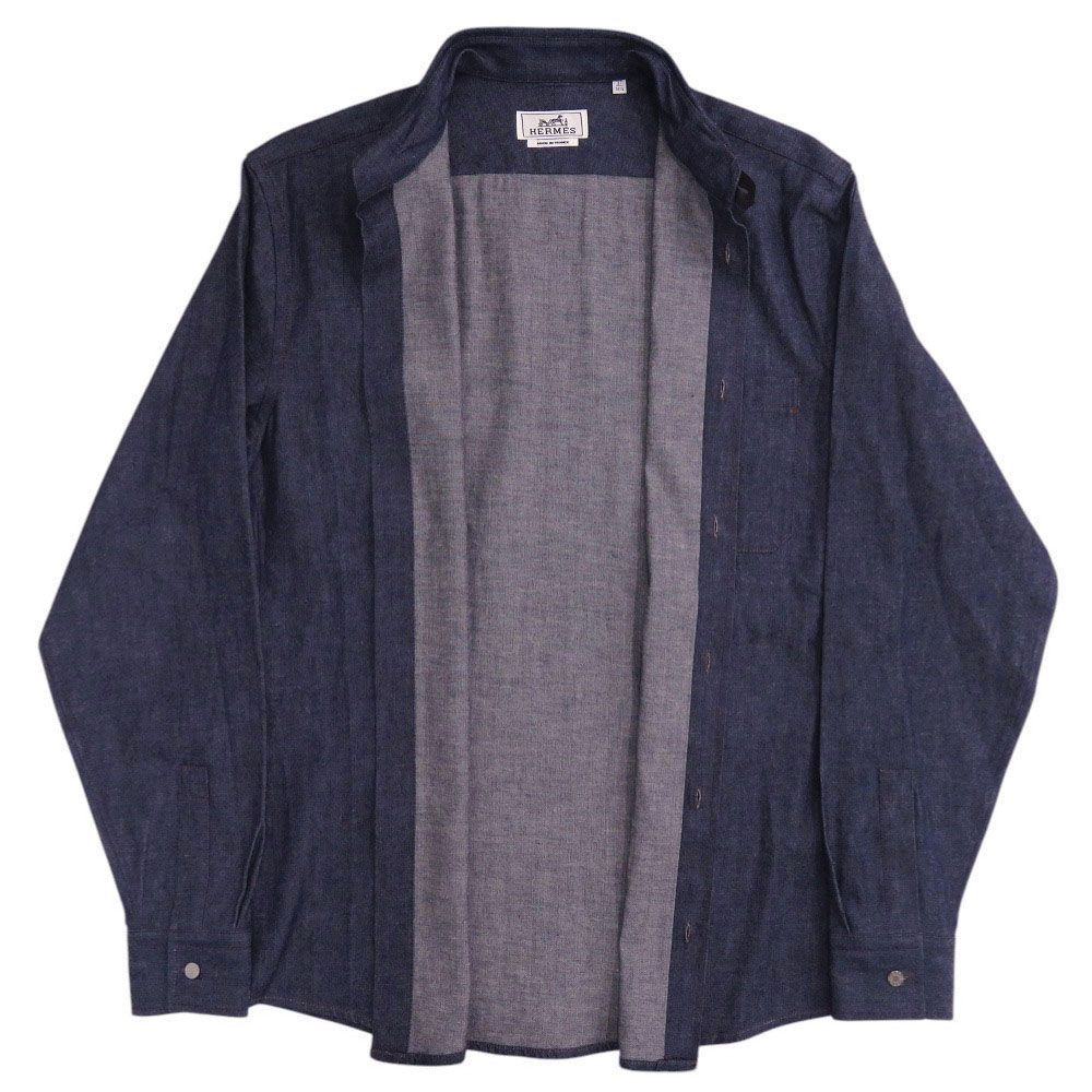 Hermes Indigo Denim Shirt 37 Gunmetal Cotton Navy Long Sleeve — view 3