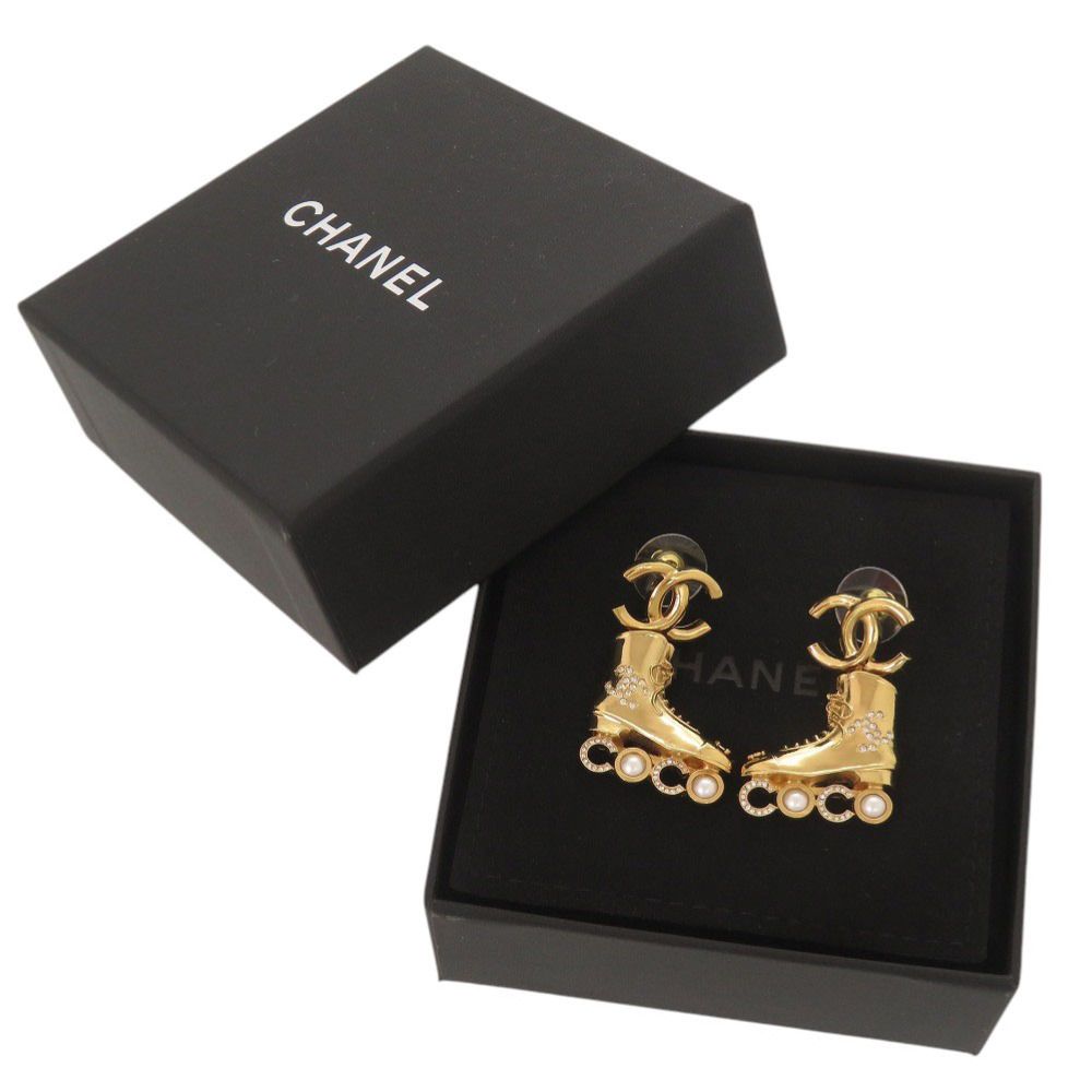Chanel CC Logo Roller Skate Metal Rhinestone Faux Pearl Gold Earrings — view 2