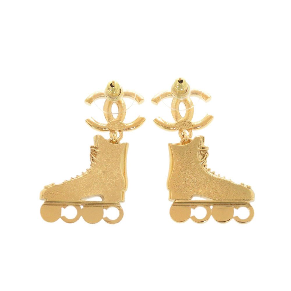 Chanel CC Logo Roller Skate Metal Rhinestone Faux Pearl Gold Earrings — view 3