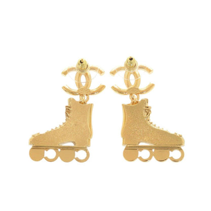 Chanel CC Logo Roller Skate Metal Rhinestone Faux Pearl Gold Earrings — view 3