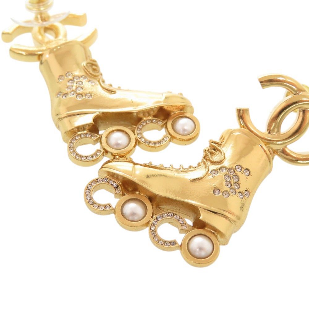 Chanel CC Logo Roller Skate Metal Rhinestone Faux Pearl Gold Earrings — view 4