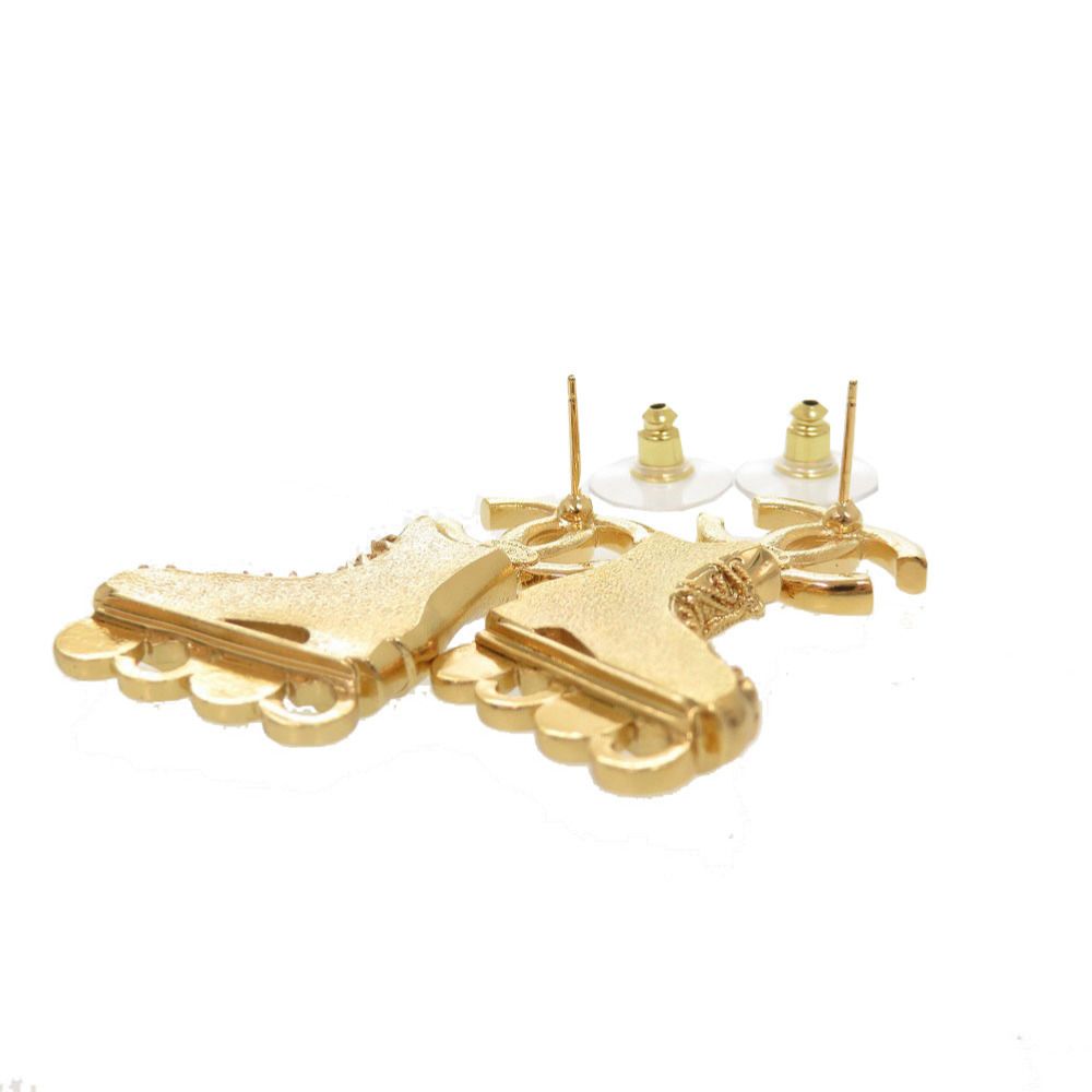 Chanel CC Logo Roller Skate Metal Rhinestone Faux Pearl Gold Earrings — view 5