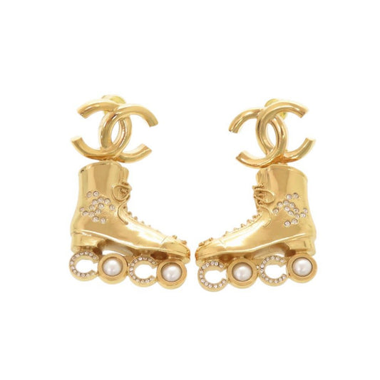 Chanel CC Logo Roller Skate Metal Rhinestone Faux Pearl Gold Earrings
