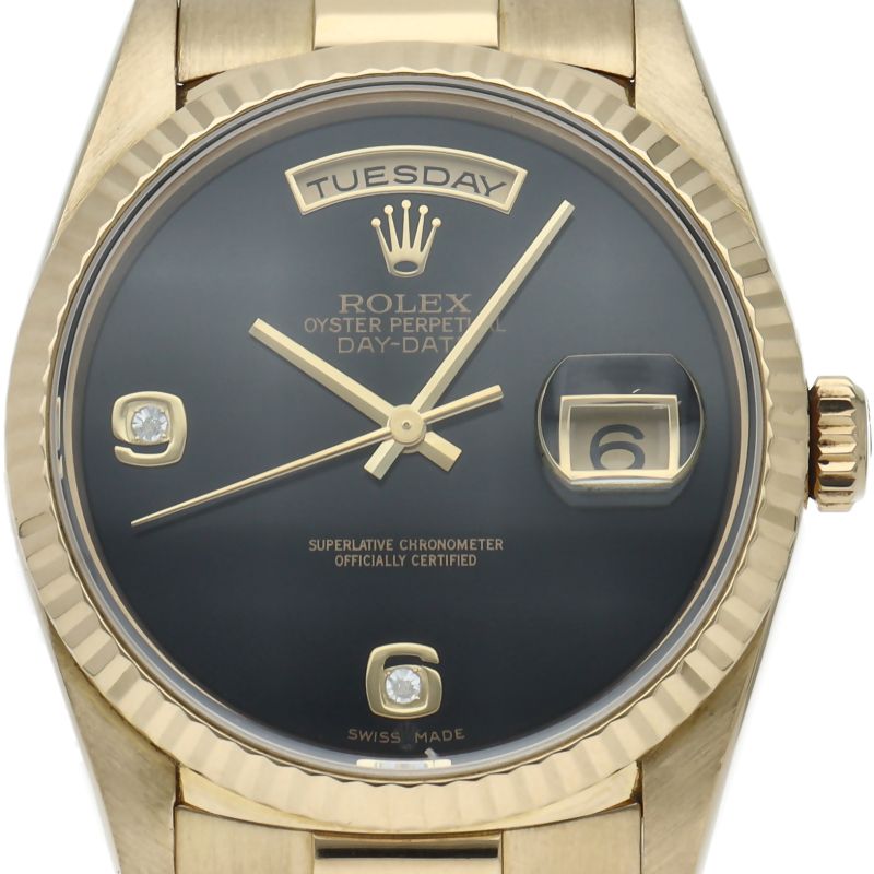 Rolex Day Date Watch Diamond Onyx Dial 18k Yellow Gold Polished