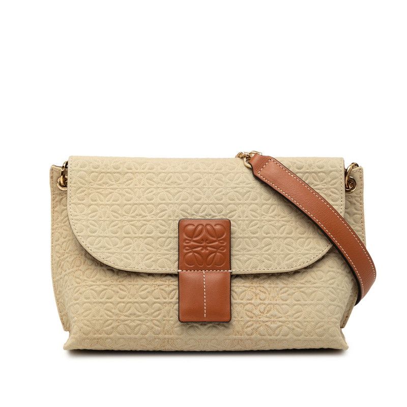 Loewe Anagram Avenue Crossbody Chain Shoulder Bag Beige Canvas Leather