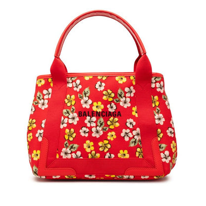 Balenciaga Navy Cabas Flower Motif Tote Red Canvas Leather