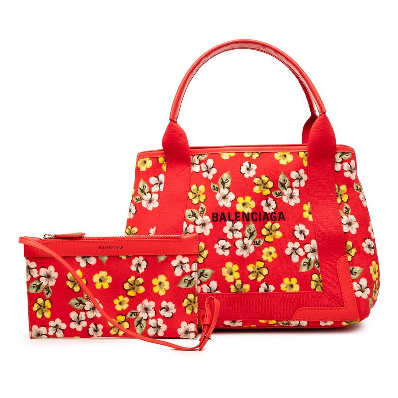 Balenciaga Navy Cabas Flower Motif Tote Red Canvas Leather — view 7