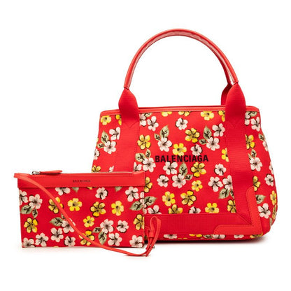 Balenciaga Navy Cabas Flower Motif Tote Red Canvas Leather — view 7