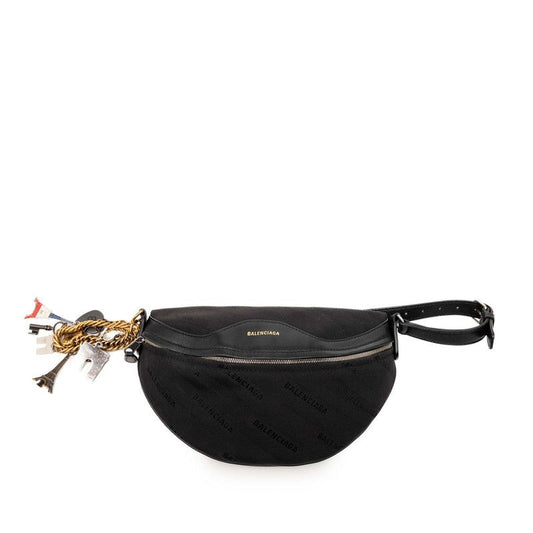 Balenciaga Veneer XS Belt Bag Chain Charm Black Canvas Leather