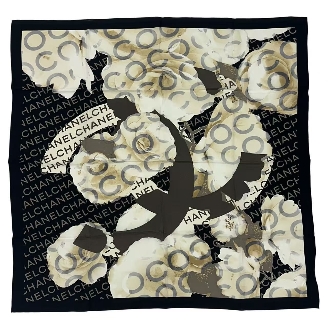 Chanel Scarf Camellia Logo Silk Black