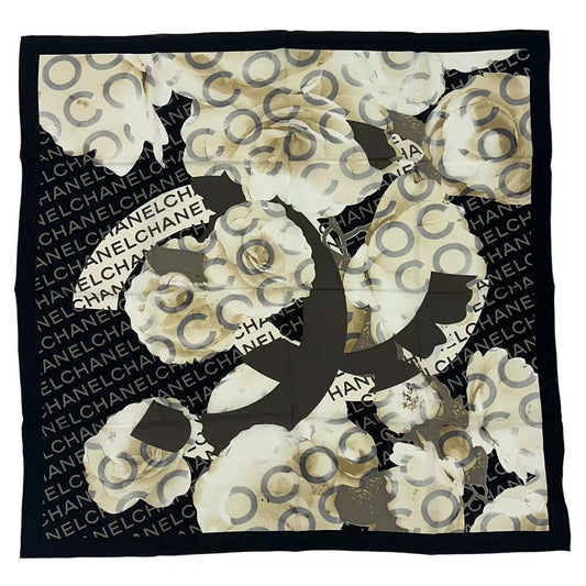 Chanel Scarf Camellia Logo Silk Black