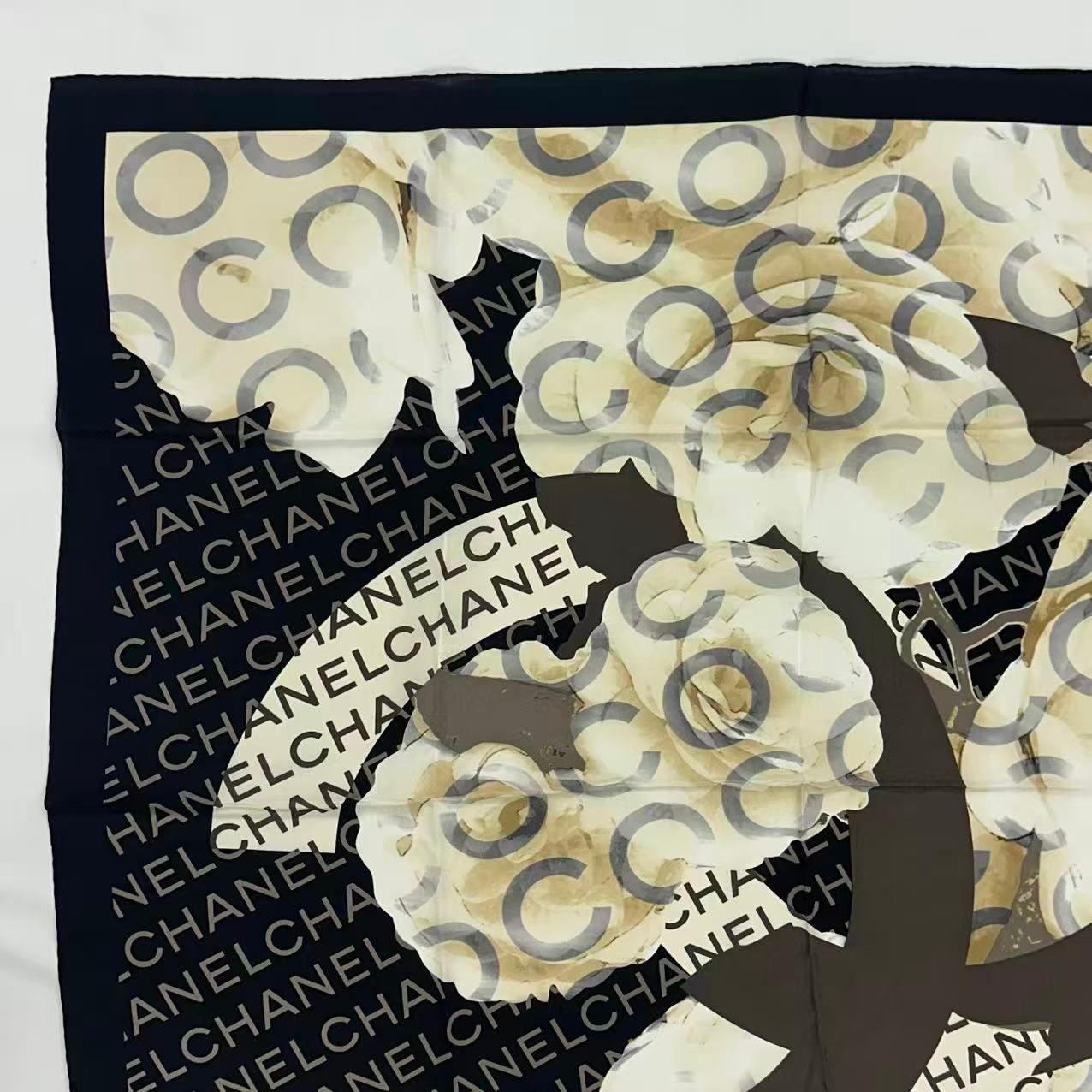 Chanel Scarf Camellia Logo Silk Black — view 2