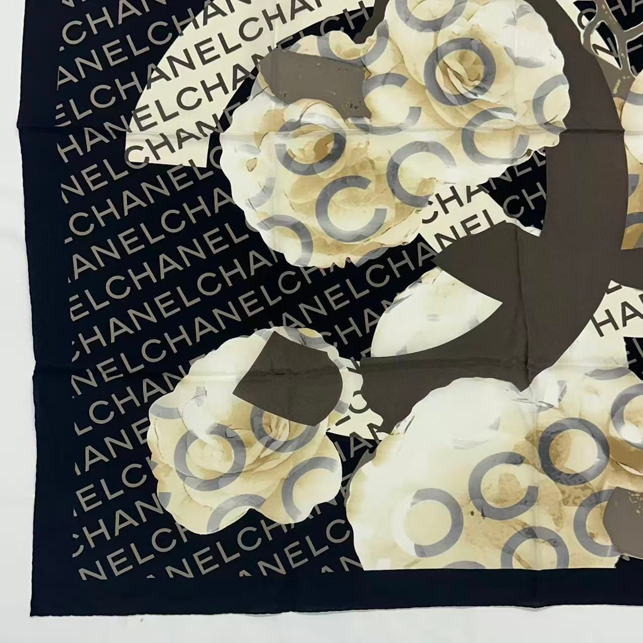 Chanel Scarf Camellia Logo Silk Black — view 5