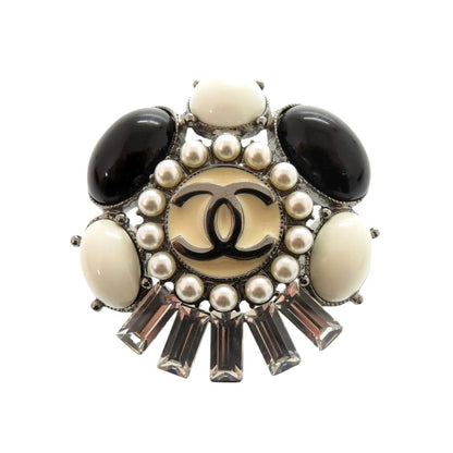 Chanel CC Logo Brooch Metal Faux Pearl Bijuu Black White