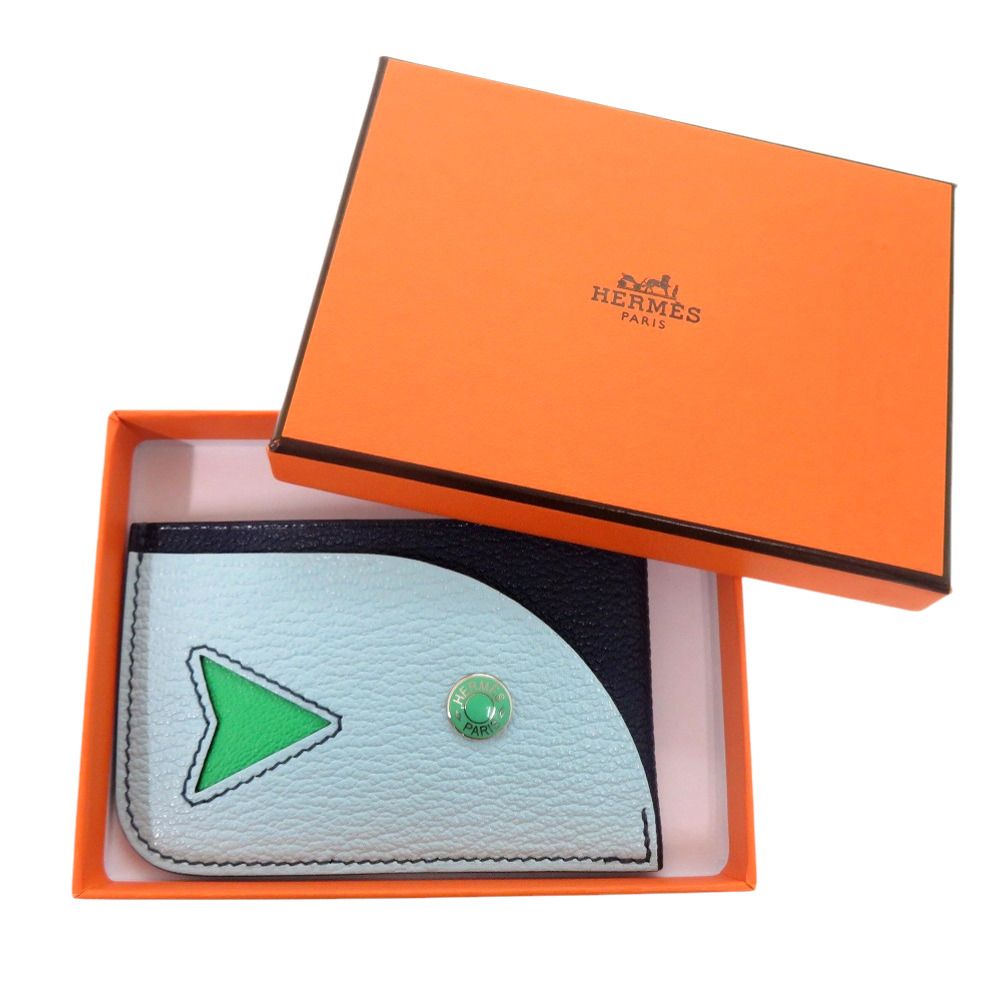 Hermes Poisson Card Case Chevre Misol Navy Light Blue Green — view 2