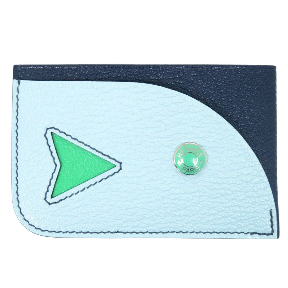 Hermes Poisson Card Case Chevre Misol Navy Light Blue Green