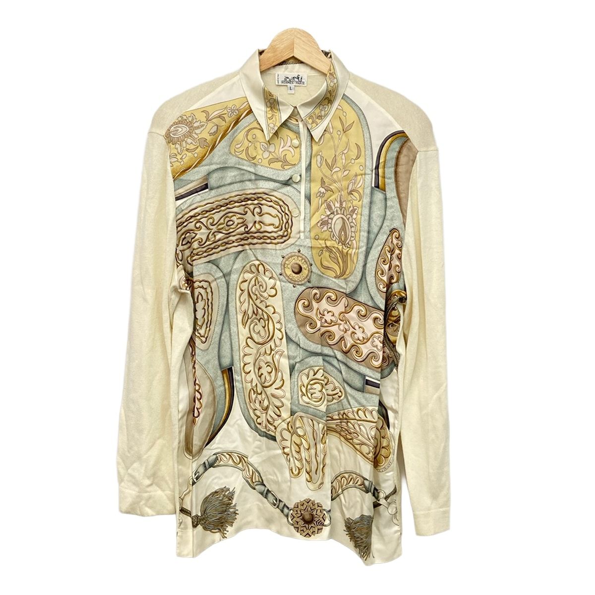 Hermes Long Sleeve Sweater L Ivory Gray Multi Regular Color Front Silk Cashmere