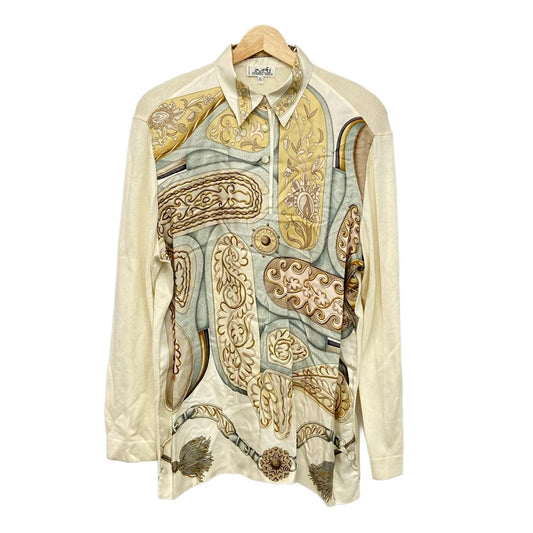 Hermes Long Sleeve Sweater L Ivory Gray Multi Regular Color Front Silk Cashmere