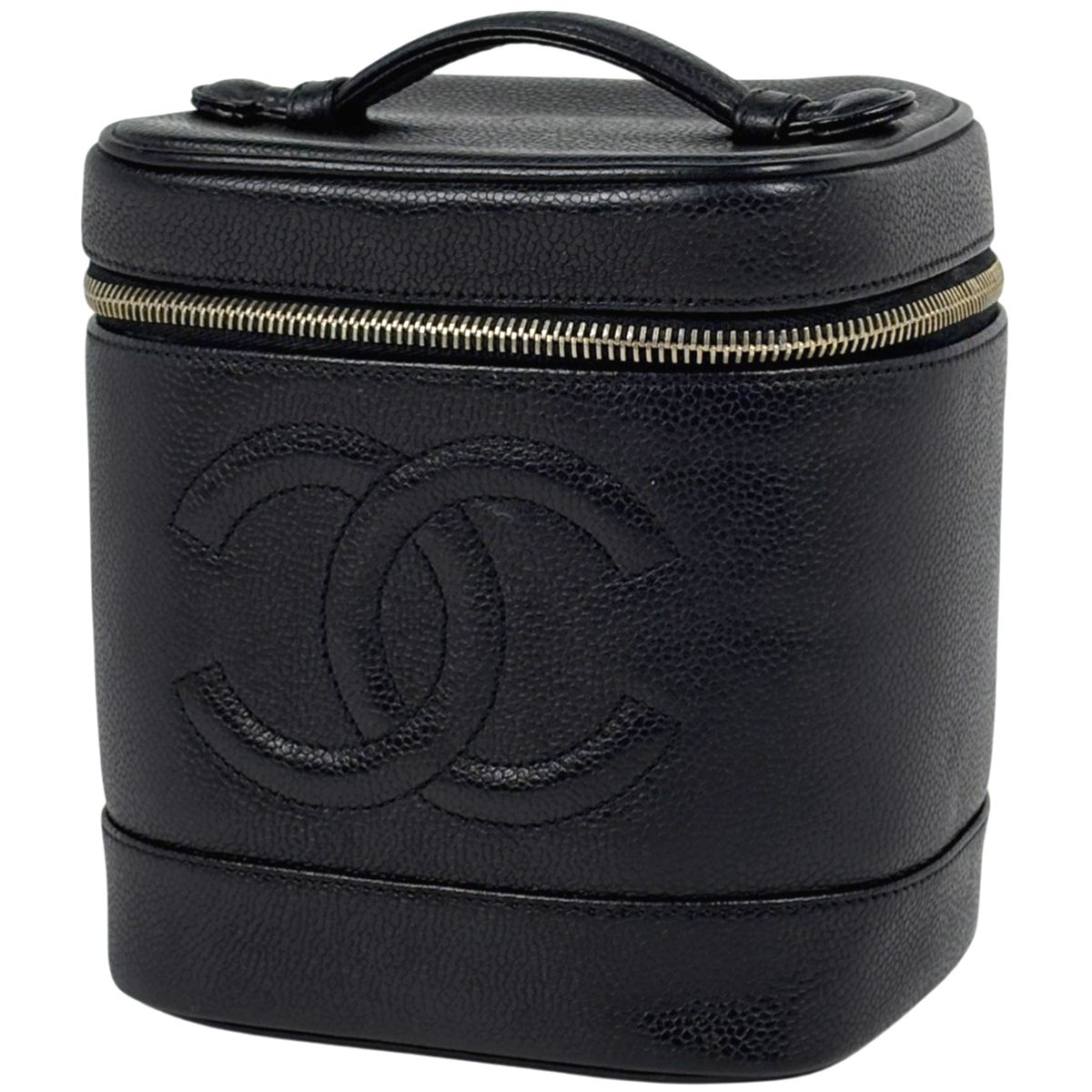 Chanel CC Logo Vanity Cosmetic Makeup Case Pouch Caviar Leather Black