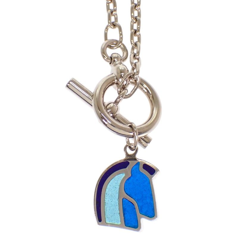 Hermes Helios Cheval Necklace Horse Metal Silver Blue Pendant — view 4