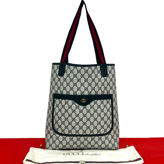 Gucci Vintage Sherry Line GG Logo Pattern Leather Tote Navy