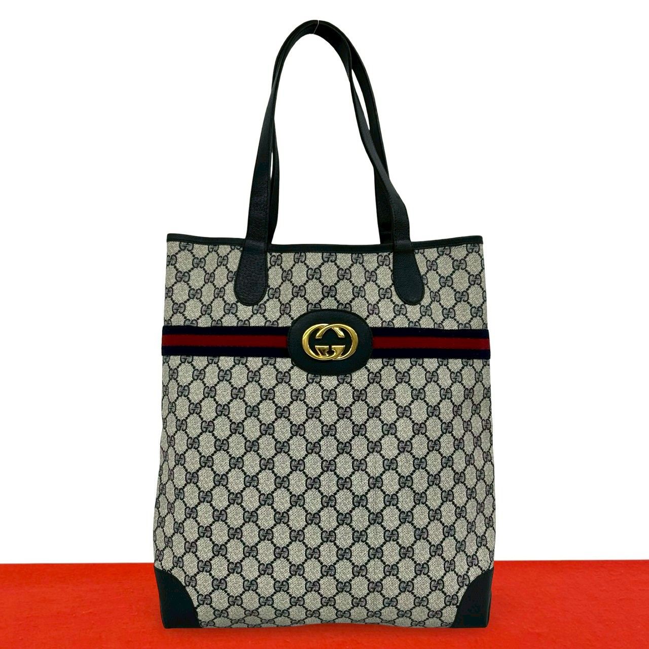 Gucci Vintage Sherry Line GG Logo Pattern Leather Tote Navy