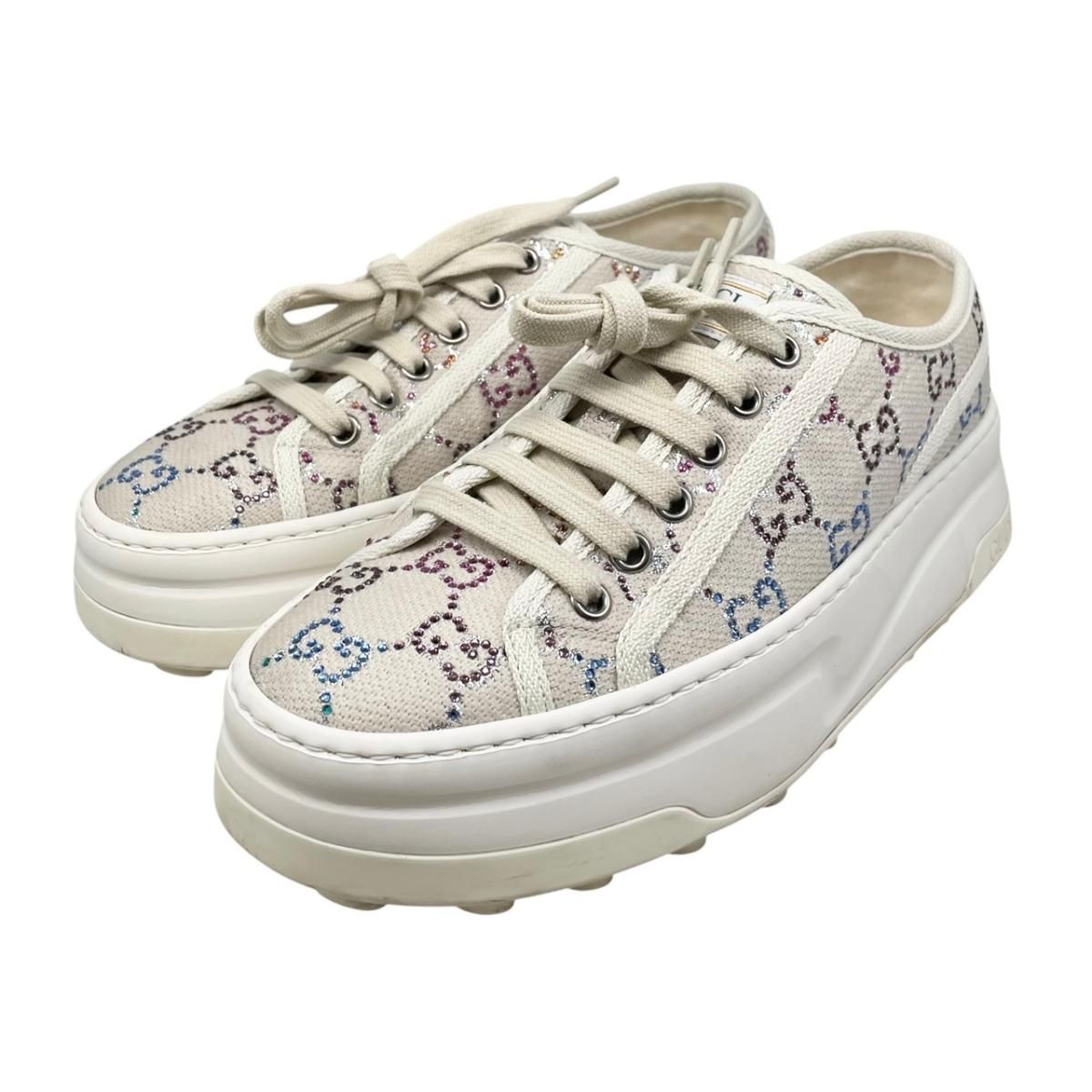 Gucci Sneakers GG Canvas Rhinestone 37 Crystal Multicolor Beige
