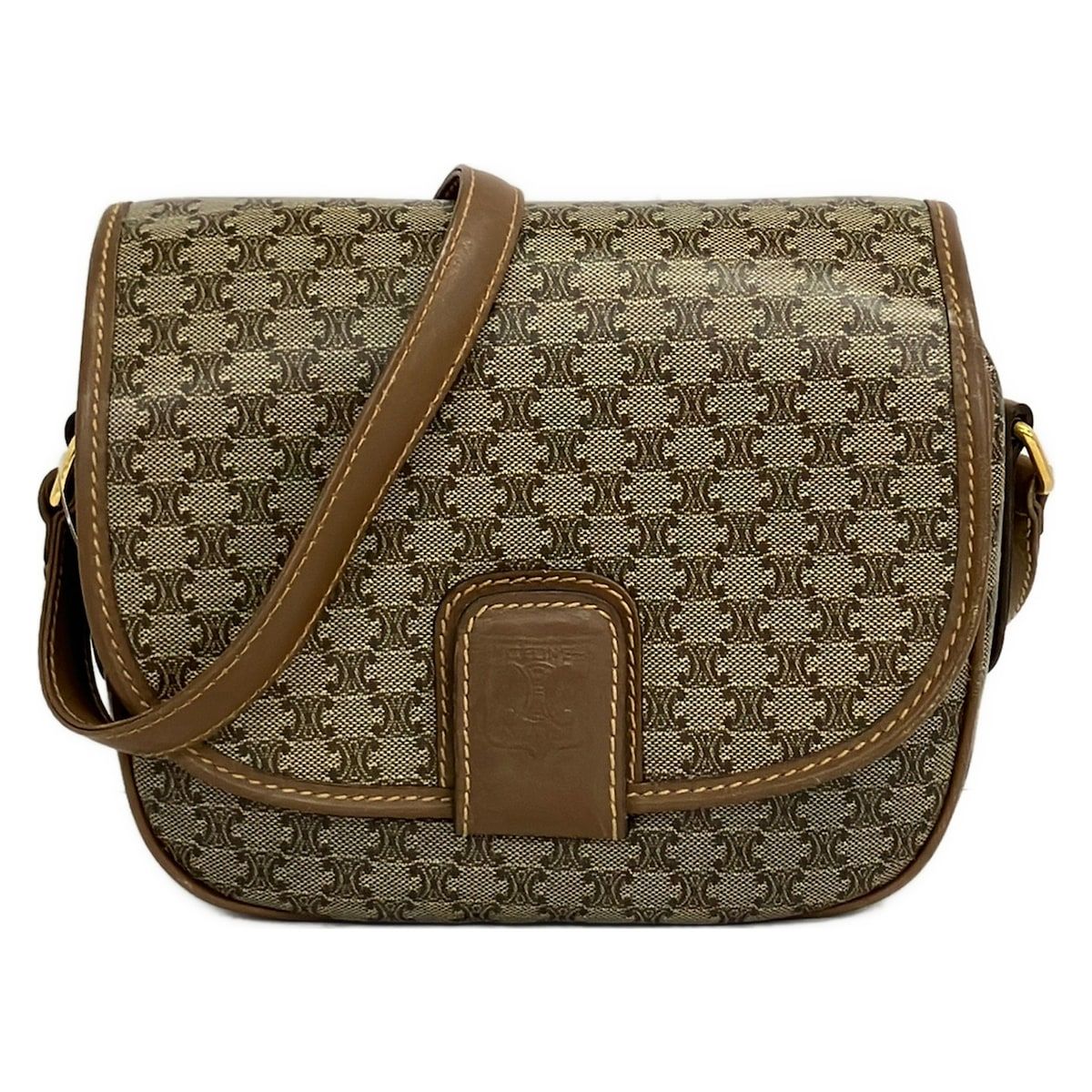 Celine Shoulder Bag Macadam Pattern Beige Dark Brown Leather