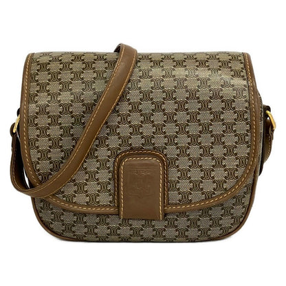 Celine Shoulder Bag Macadam Pattern Beige Dark Brown Leather