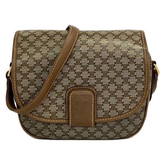 Celine Shoulder Bag Macadam Pattern Beige Dark Brown Leather