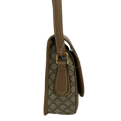 Celine Shoulder Bag Macadam Pattern Beige Dark Brown Leather — view 2