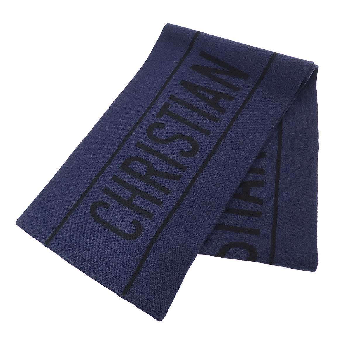 Dior Wool Cashmere Logo Knit Scarf Navy