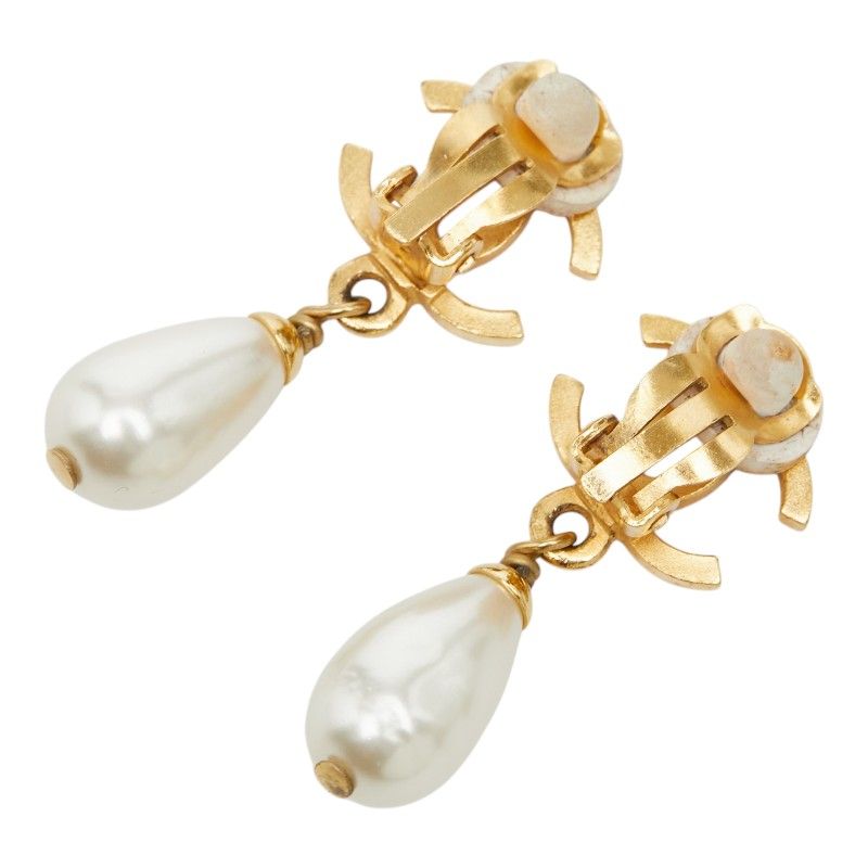 Chanel CC Logo Vintage Earrings Gold Faux Pearl Plated — view 3