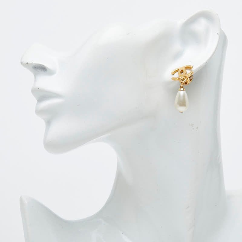 Chanel CC Logo Vintage Earrings Gold Faux Pearl Plated — view 5