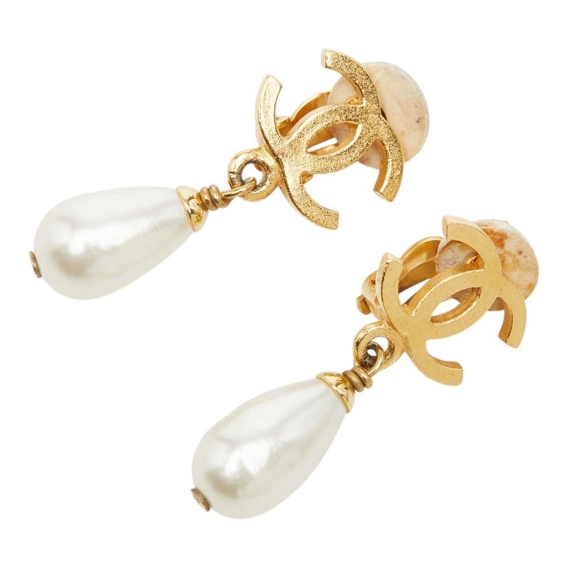Chanel CC Logo Vintage Earrings Gold Faux Pearl Plated — view 2