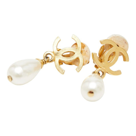 Chanel CC Logo Vintage Earrings Gold Faux Pearl Plated