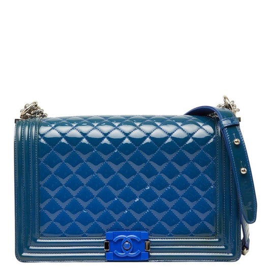 Chanel CC Logo Chain Shoulder Bag Blue Patent Leather