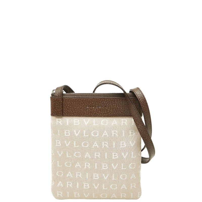 Bvlgari Logo Mania Shoulder Bag Pochette Beige Brown Canvas Leather