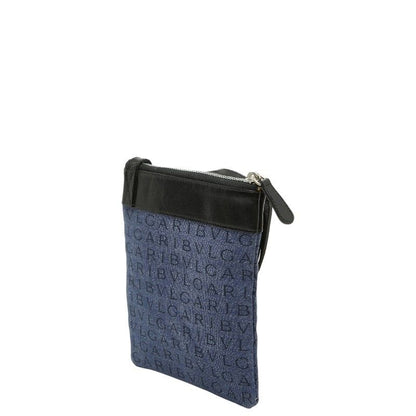 Bvlgari Logo Mania Shoulder Bag Pochette Indigo Blue Black Canvas Leather — view 2