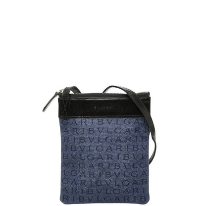 Bvlgari Logo Mania Shoulder Bag Pochette Indigo Blue Black Canvas Leather