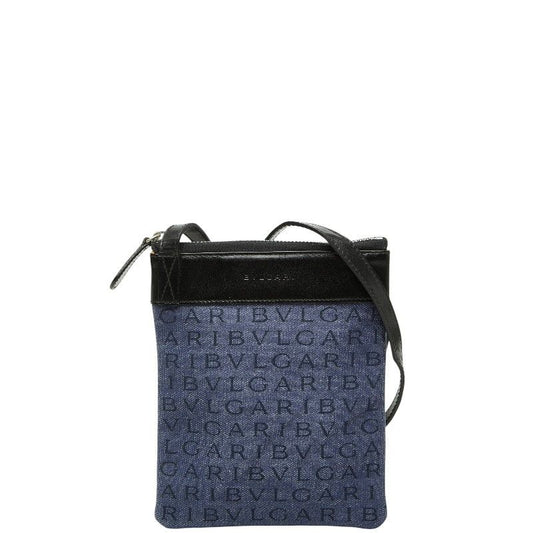Bvlgari Logo Mania Shoulder Bag Pochette Indigo Blue Black Canvas Leather