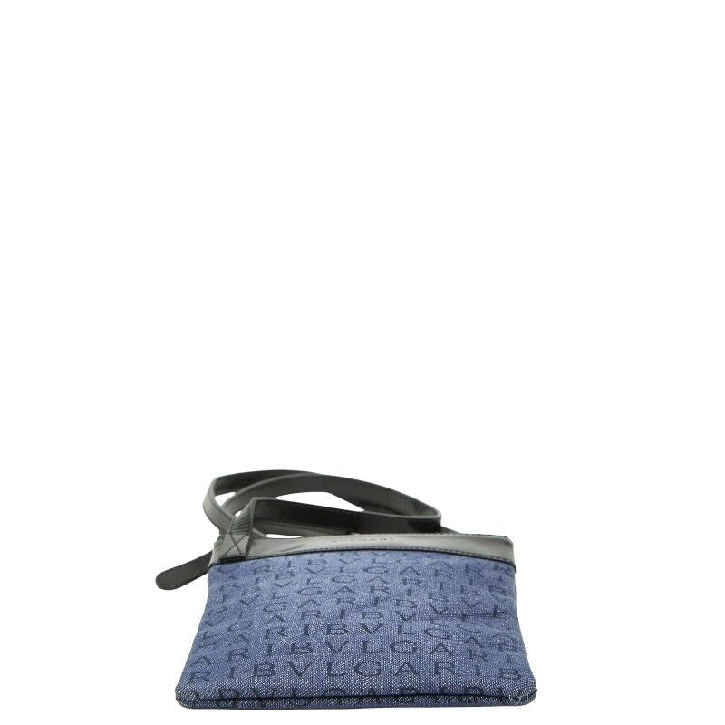 Bvlgari Logo Mania Shoulder Bag Pochette Indigo Blue Black Canvas Leather — view 3
