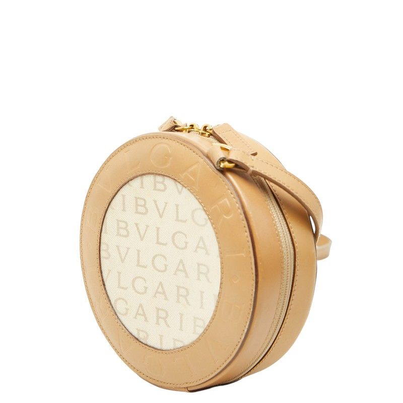 Bvlgari Logo Mania Shoulder Bag Pouch Beige Brown Canvas Leather — view 2