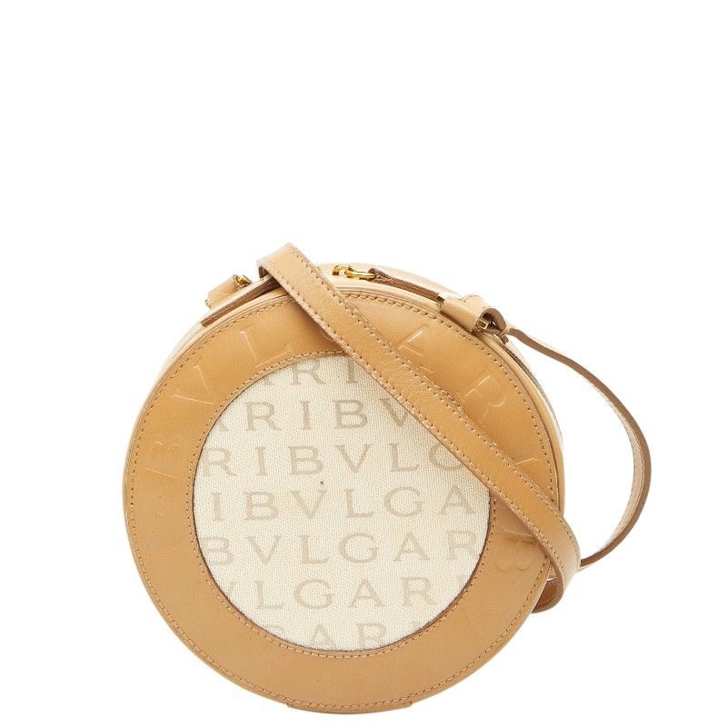 Bvlgari Logo Mania Shoulder Bag Pouch Beige Brown Canvas Leather